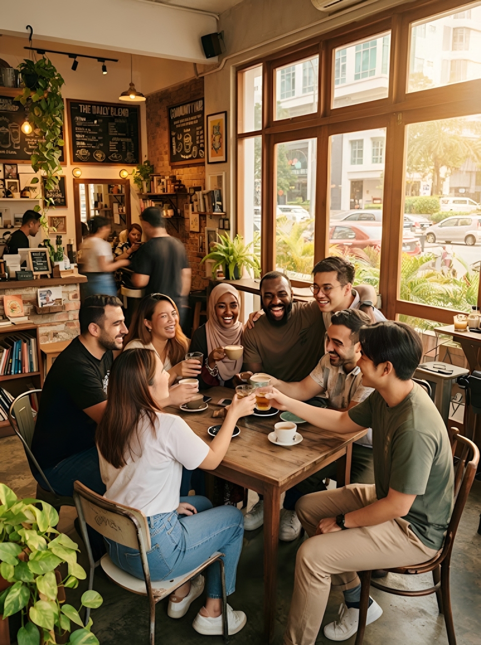 Warm and welcoming community photo of diverse migrant and local friends smiling together